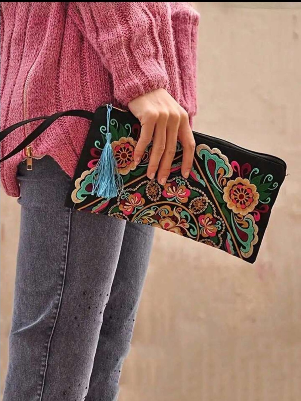 New! Embroidered Black Floral Wristlet Clutch Cosmetics Travel Bag Organizer